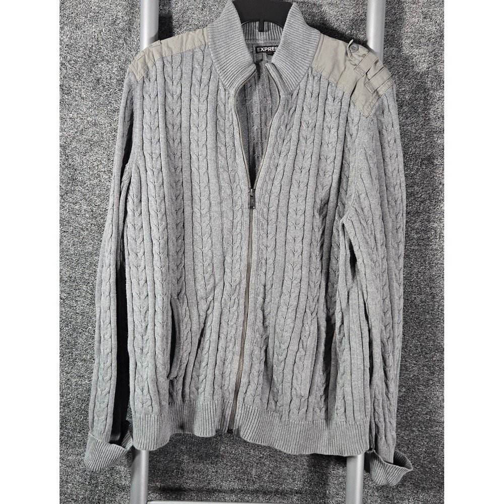 Express Mens Gray Cable Knit Full Zip Military Cardigan Sweater XL RN55285